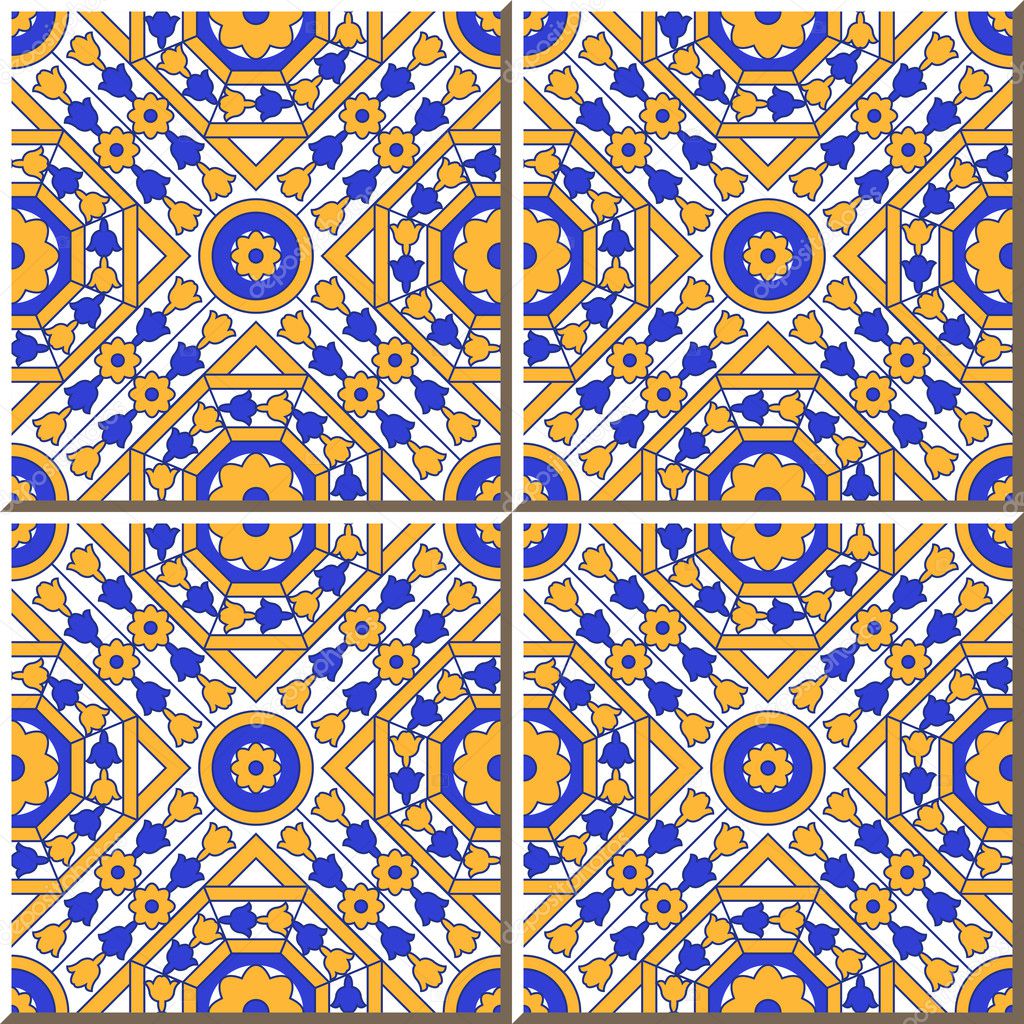 Vintage seamless wall tiles of square round octagon flower, Moroccan, Portuguese.