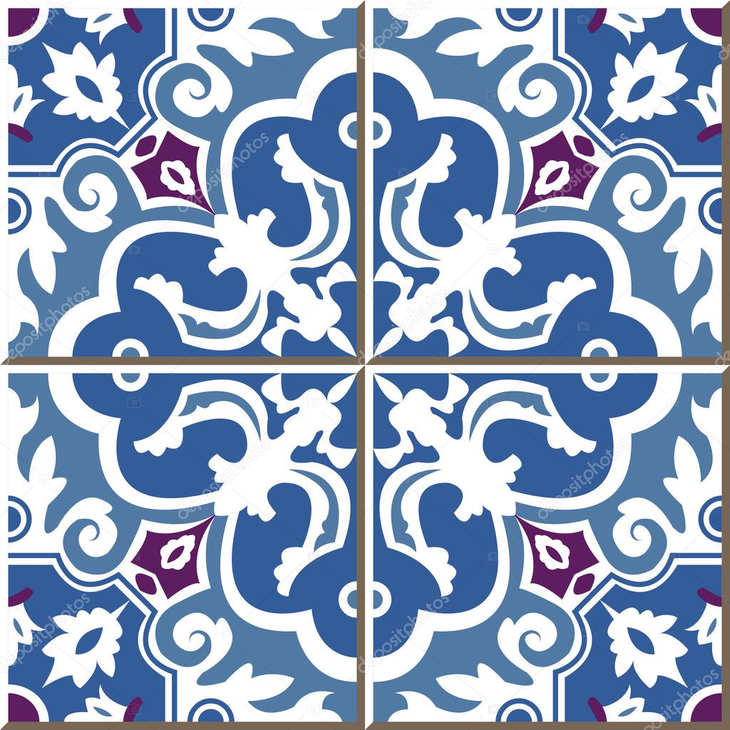 Vintage seamless wall tiles of blue spiral flower, Moroccan, Portuguese.