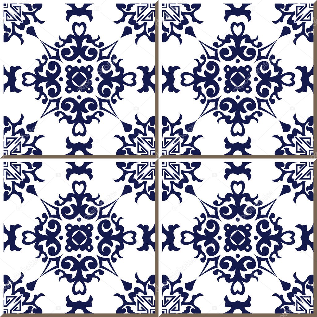 Vintage seamless wall tiles of blue spiral leaf cross flower, Moroccan, Portuguese.