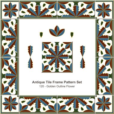 Antika çini kare set_120 altın anahat çiçek desen