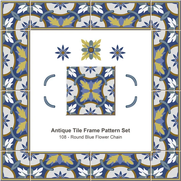 Antico modello di cornice piastrelle set _ 108 catena di fiori blu rotondo — Vettoriale Stock