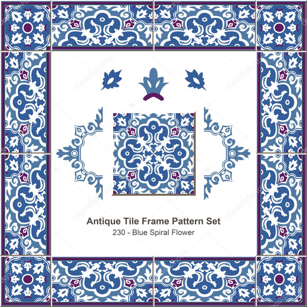 Antique tile frame pattern set_230 Blue Spiral Flower