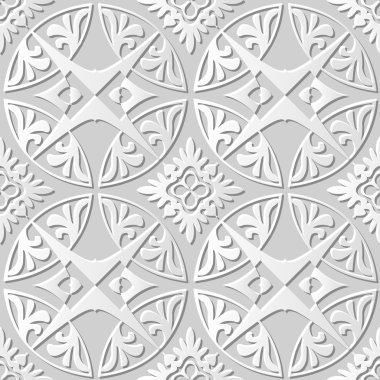 Vektör damask dikişsiz 3d kağıt sanat desen arka plan 035 Yuvarlak Çapraz Çiçek