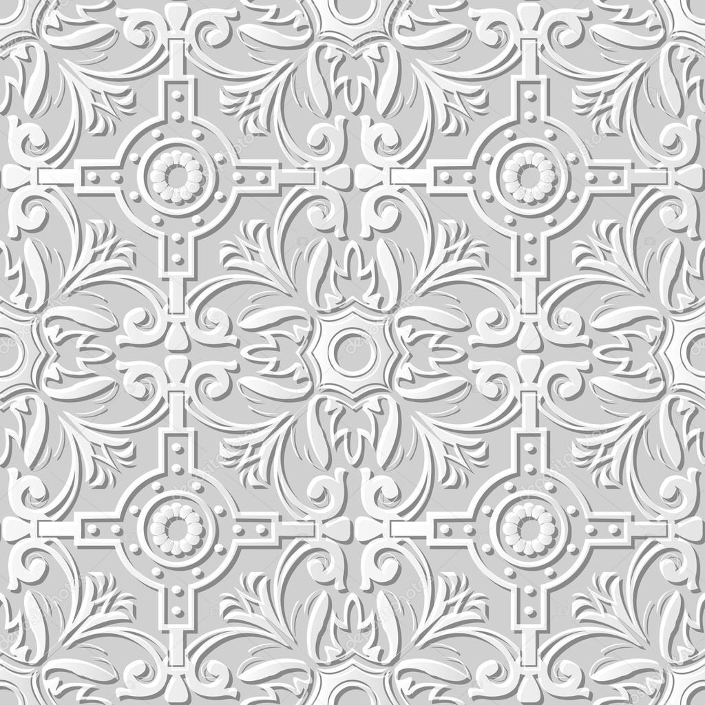 Vector damask seamless 3D paper art pattern background 128 Round Cross Spiral