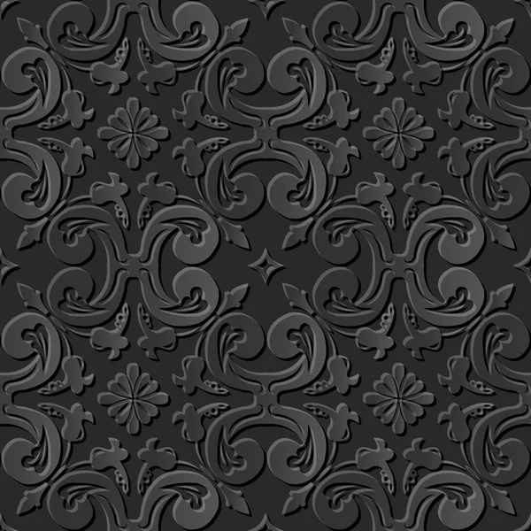 Motif élégant en papier noir 3D sans couture 194 Spirale Croix Fleur — Image vectorielle