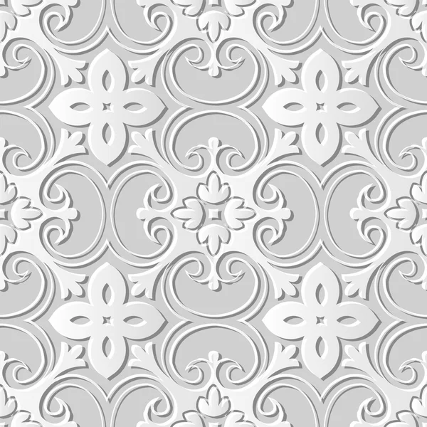 Seamless 3D white paper cut art background 385 exotic curve spiral cross flower — Stock vektor