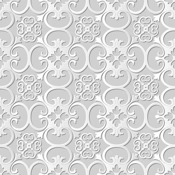 Seamless 3D white paper cut art background 399 curve spiral cross flower — Stock Vector