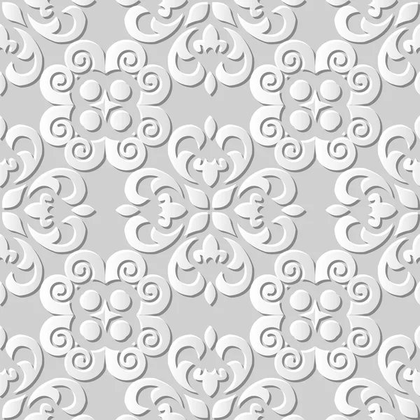 Seamless 3D white paper cut art background 432 spiral cross round kaleidoscope — Stock Vector