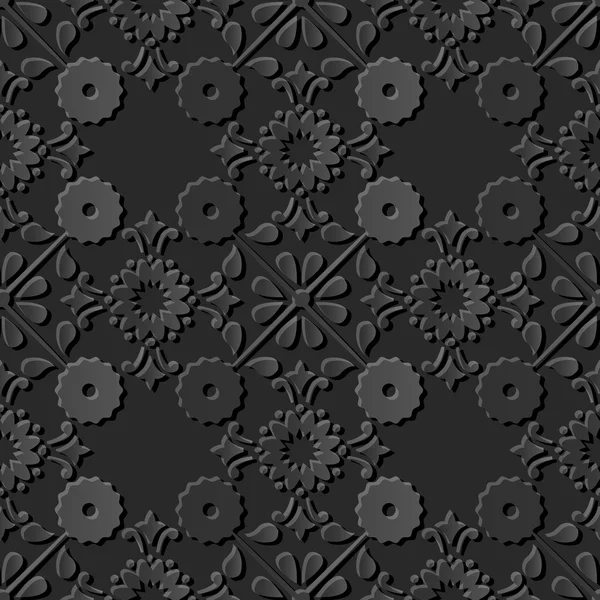 Seamless 3D dark paper cut art background 379 cross round vintage flower — Stock Vector