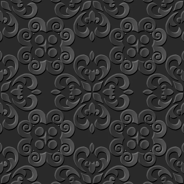 Nahtloser 3D dunkler Papierschnitt Kunst Hintergrund 432 Spiralkreuz rundes Kaleidoskop — Stockvektor