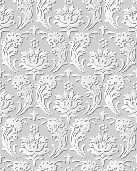 Vector damask seamless 3D paper art pattern background 391 spiral cross flower leaf — Stock Vector