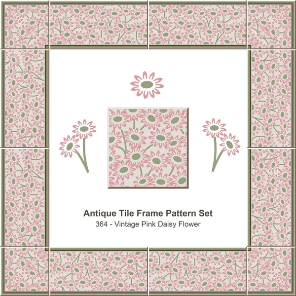 Antique tile frame pattern set_364 Vintage Pink Daisy Flower — Stock Vector