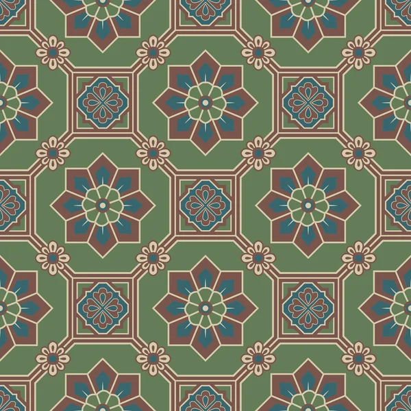 Antique seamless background image of oriental green octagon square frame cross flower — Stock vektor