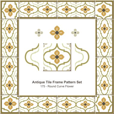 Antika çini kare desen set_175 eğrisi çiçek yuvarlak