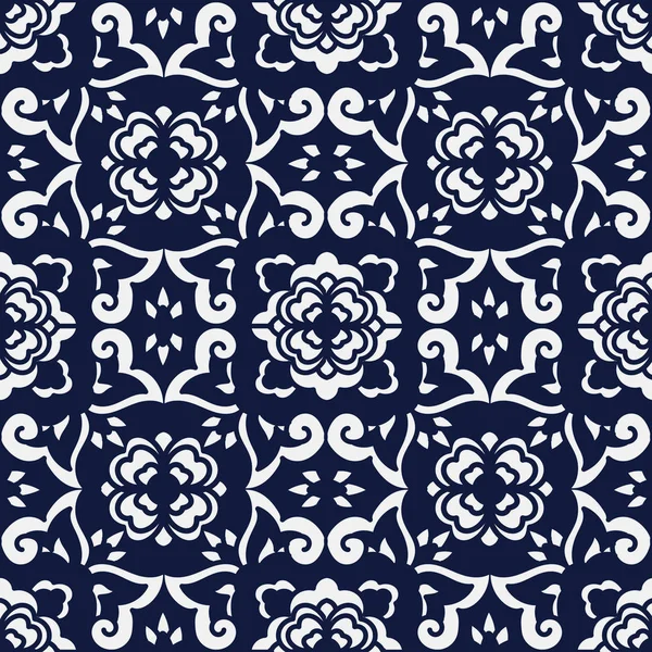 Naadloze blauwe Japanse achtergrond Curve Cross bloem Kaleidoscop — Stockvector