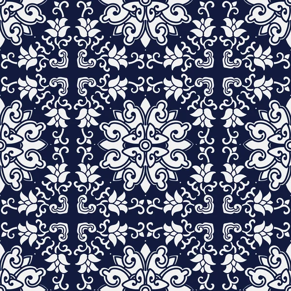 Seamless Blue Japanese Background Cross Spiral Vine Flower — Stock Vector