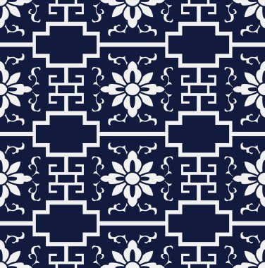 Kesintisiz mavi Japon arka plan çapraz geometri çerçeve çiçek