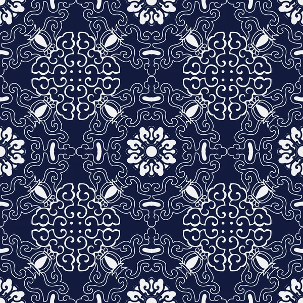 Azul sem costura fundo japonês espiral curva quadro flor — Vetor de Stock