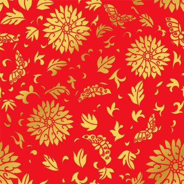 Sorunsuz altın Çince Spiral yuvarlak çiçek kelebek yaprak arka plan