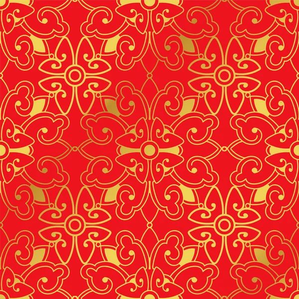 Seamless Golden Chinese Background Spiral Cross Round Flower Kaleidoscope — Stock Vector