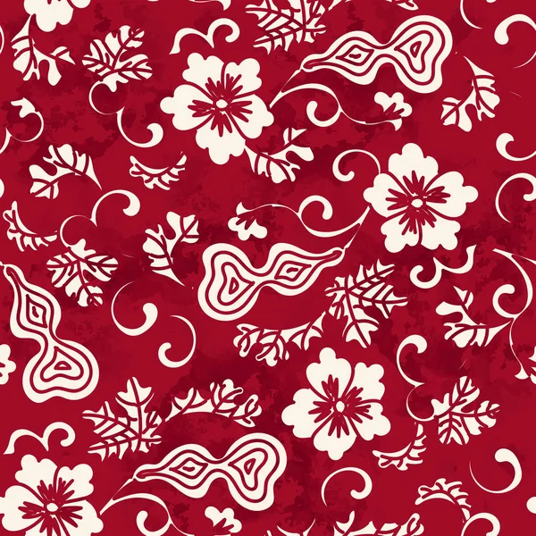 Бесшовный винтажный красный китайский фон тыквы Спиральный цветок виноградной лозы — стоковый вектор