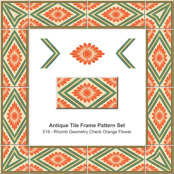 Antique tile frame pattern set Rhomb Geometry Check Orange Flowe — Stock Vector