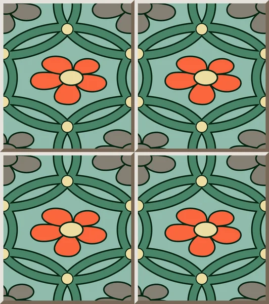 Carreaux de céramique motif rétro vert croix ronde cadre fleur — Image vectorielle