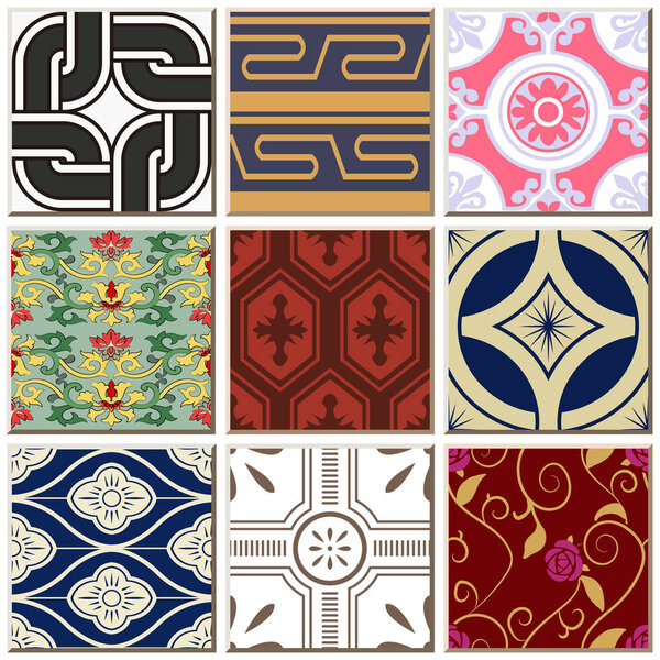 Oriental antique retro ceramic tile pattern combo collection set