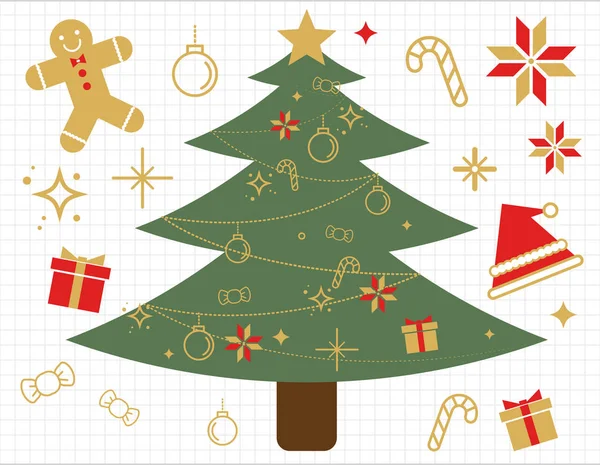 Arbre de célébration de Noël et décoration dorée articles bonbons sta — Image vectorielle