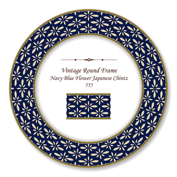 Vintage Round Retro Frame Navy Blue Flower Japanese Chintz — Stock Vector