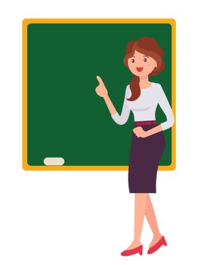 Çizgi film karakteri tasarım kadın okul ayakta blac önünde