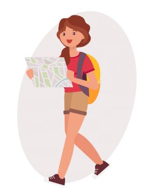 Çizgi film karakteri tasarım genç kız backpacker okuma ma