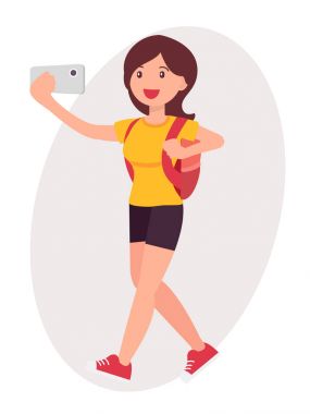 Çizgi film karakter tasarımı kadın almak selfie ile akıllı telefon