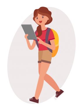 Çizgi film karakteri tasarım kadın kadın stand tablet ile izlemek