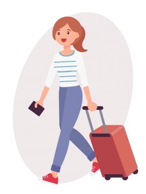 Çizgi film karakteri tasarım kadın seyahat Bagaj ve pasaport ile