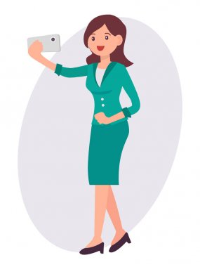Çizgi film karakter tasarımı kadın almak selfie ile akıllı telefon