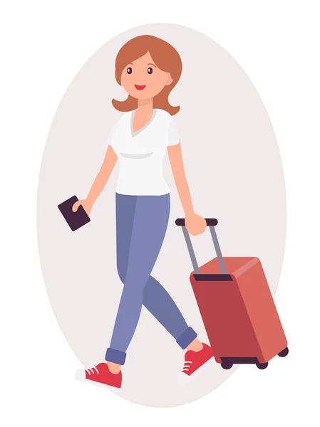 Desenhos animados projeto do personagem turista feminino com bagagem e passaporte —  Vetores de Stock