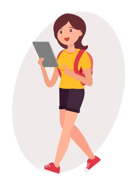 Desenho de desenho animado mulher feminina stand assistindo tablet com —  Vetores de Stock