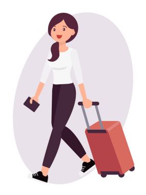 Çizgi film karakteri tasarım kadın seyahat Bagaj ve pasaport ile