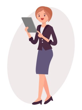 Çizgi film karakteri tasarım kadın kadın stand tablet ile izlemek