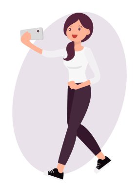 Çizgi film karakter tasarımı kadın almak selfie ile akıllı telefon