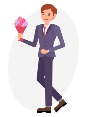 Karikatür karakter tasarım erkek çiçek buketi tutan bekle fo