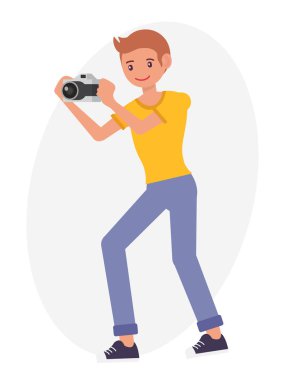 Çizgi film karakteri tasarım erkek fotoğraf makinesi ile resim çekmek