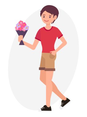 Karikatür karakter tasarım erkek çiçek buketi tutan bekle fo
