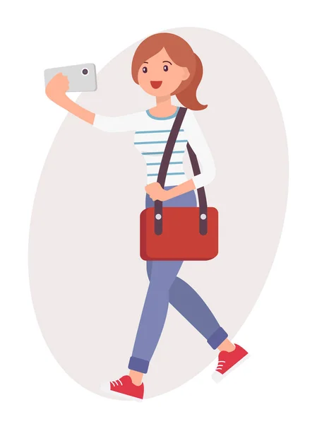 Karikatúra karakter design női fog selfie a szúró telefon — Stock Vector