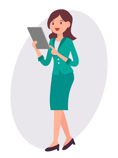 Zeichentrickfigur Design weibliche Frau stehen beobachten Tablette mit — Stockvektor