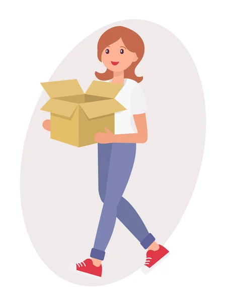 Desenho de desenho animado mulher feminina carreg caixa de papel vazio com —  Vetores de Stock