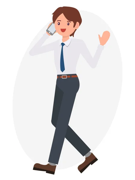 Cartoon personaggio design uomo uomo camminare parlare sul chee telefono — Vettoriale Stock
