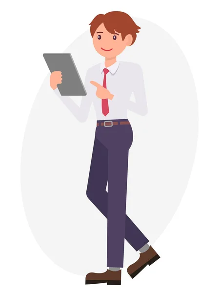 Cartoon conception de caractère mâle homme montre et pointent à la tablette avec — Image vectorielle