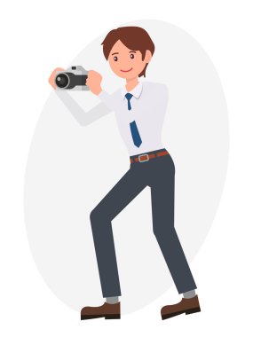 Çizgi film karakteri tasarım erkek fotoğraf makinesi ile resim çekmek